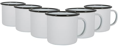 Argon Tableware White Enamel Mugs - 375ml - Black - Set of 6 Metal Drinking Cups Coffee Teacup Mug Set Hot, Cold Drinks Cups for Home, Kitchen, Dining, Travel, Camping, Hiking & Outdoor Use