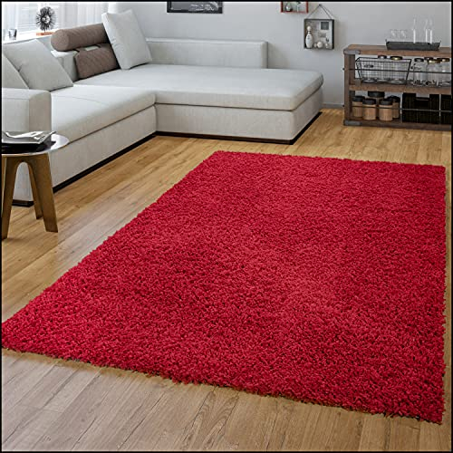 TT Home Wohnzimmer Teppich Hochflor Langflor Shaggy Soft Unifarben Modern Einfarbiges Design, Farbe: Rot, Größe:Ø 120 cm Rund