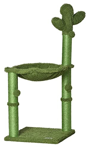 PawHut Albero Tiragraffi per Gatti Adulti e Gattini a Forma di Cactus con Corda Sisal, Palline e Amaca, Altezza 96cm, Verde