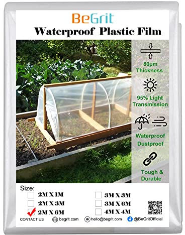 BeGrit Gewächshausfolie Winterfest Transparent 2x6m Reißfest Abdeckfolie Wasserdicht Klarsicht 80 µm Polyethylenfolie Foliengewächshaus für Gartenarbeit Treibhaus Tunnelfolie Hochbeet Tomatenhaus