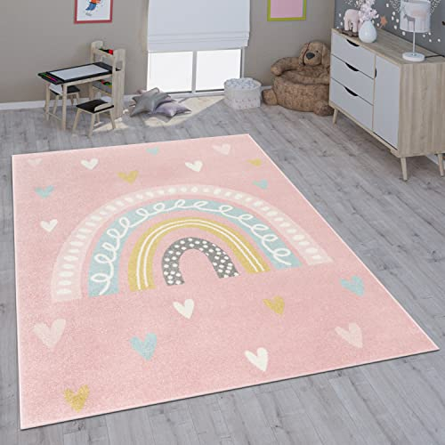 Paco Home Kinderteppich Teppich Kinderzimmer Mädchen Jungs Verschiedene Motive Und Größen, Grösse:200 cm Rund, Farbe:Rosa Weiß
