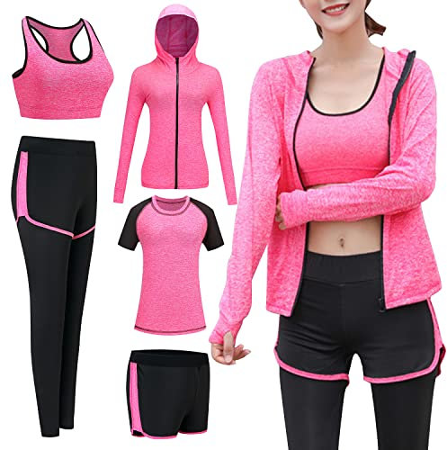 ODWTMRK Tenue de Sport Survêtement Femme Ensembles Sportswear 5 Pièce Costumes de Sport Gym Yoga Athletisme Fitness Jogging Survêtement(Rose Red,S)