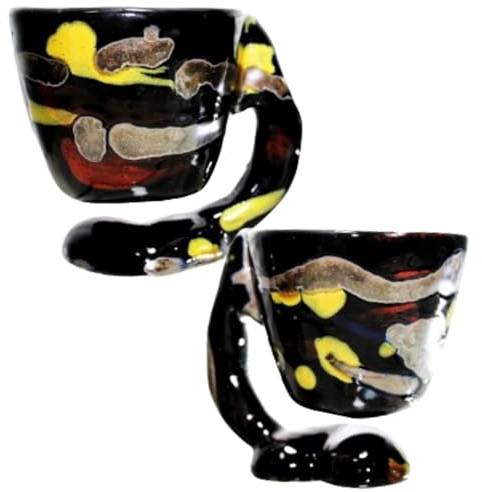 AMAZINJ Tazzine Da Caffè In Ceramica – Set 2 Tazza Caffè Made In Italy – Design Unico Tazzina Da Caffè unita al Piattino – Manico A Forma Di Cuba Con Cuore – In Ceramica Fatte A Mano (NERO)