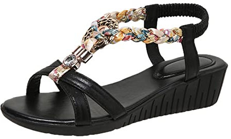 OALEEN Sandales Compensées Femme Eté Confortable Orthopedique Nu-pieds Strass Bride Arrière Plage Mariage Chaussures Noir 39