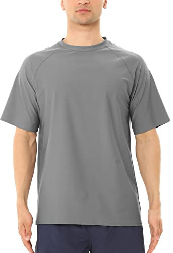 MASOCIO Mens Swimming Swim Shirts Top Rash Vest Guard Men Short Sleeve UV Sun Protection UPF 50+ Wetsuit Swimsuit T-Shirt Watersport Surfing Grey Size L