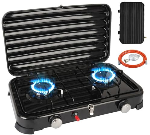 Réchaud de camping à 2 brûleurs avec couvercle, 4,4 kW - Réchaud à gaz GPL avec bouton d'allumage de voiture, tuyau et régulateur de pression de gaz de 50 mbar - Table de cuisson à gaz portable avec