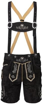 STEIGENHÖFER Lederhose Herren Tracht kurz - Anton - Trachtenhose mit Trägern - 100% Rindsleder - Traditionelle Echtlederhose - Ideal für Dein Oktoberfest Herren Outfit - Schwarz - 52