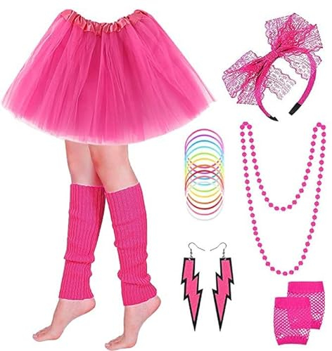 PINEPAN 80er Jahre Outfit Damen Set Tutu Rock Spitze Stirnband Neon Ohrringe Halskette Beinstulpen Fingerlose Handschuhe Armband Rosa Rot