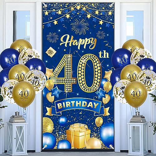 Happy 40th Birthday Decorations Door Banner and Balloons,Navy Blue Gold Door Cover Porch Banner Backdrop with 18pcs Happy Birthday Balloons for 40th Anniversary Men Women Birthday Party Sign Decor