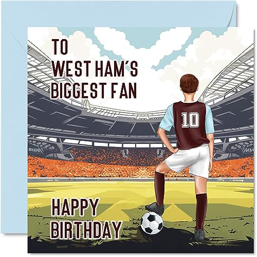 Football Birthday Card for West Ham Fans - Biggest Fan - Fun Happy Birthday Card for Son Dad Brother Uncle Colleague Friend Cousin, 145mm Footy Footie Bday Greeting Cards