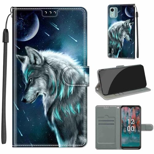 SIENIANLINE Handyhülle für Nokia C12 / C12 Pro Hülle Wolf | Premium Klappbar Ledertasche mit Magnetverschluss, Kartenfächern & Standfunktion, robuste Schutzhülle für Nokia C12