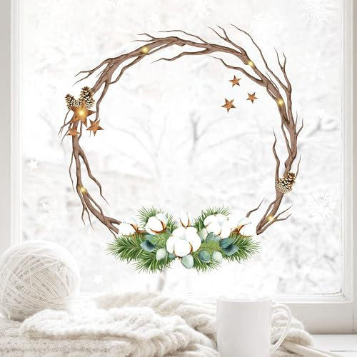 Wandtattoo Loft Fensterbilder Weihnachten mit Weihnachtskranz aus Zweigen Motiv – Wiederverwendbar – A4 Bogen – Weihnachstdeko Fenster Kinderzimmer, Weihnachtsbilder Fenster, Fensterbild Winter