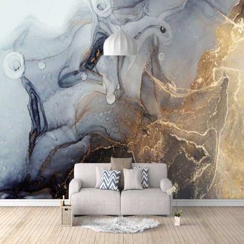 Papier Peint Panoramique de Art D'ondulation Gris De Luxe Nordique, Marbre Abstrait Or Noir Poster Murale Intissé - pour Chambre Salon Décoration Murale 450 x 315 cm