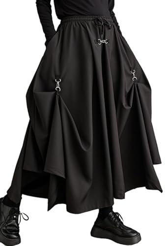 ellazhu Women's Oversized Irregular Drop Crotch Harem Hakama Pleated Drawstring Pants GZ116 A, Black, S-XL