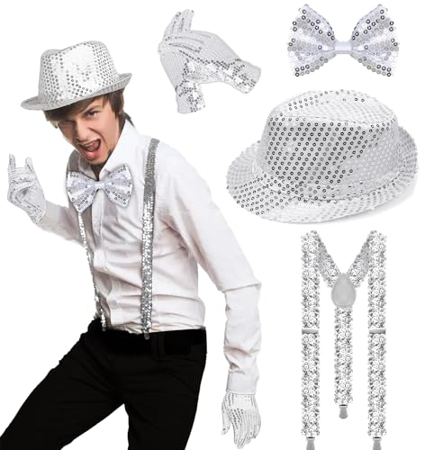 DONGSZQ 4 Stück Glitzer Kostüm Herre, Herren Pailletten Hosenträger Set, Mit Glitzer Hosenträger, Pailletten Fliege, Handschuhe, Silber Jazz Hut, Für Fasching Party Dance Performance