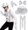 DONGSZQ 4 Stück Glitzer Kostüm Herre, Herren Pailletten Hosenträger Set, Mit Glitzer Hosenträger, Pailletten Fliege, Handschuhe, Silber Jazz Hut, Für Fasching Party Dance Performance