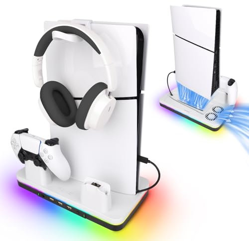 reiie PS5 Slim Cooling Stand with Dual Controller Charging Station, Multi-functional PS5 Slim Stand with RGB Light&Headphone Hook&2-Level Silent Fan for PS 5 Slim Digital/Disc