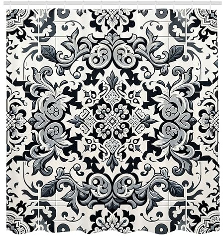 ABAKUHAUS Grau Duschvorhang, Klassisches Damastmotiv Gewundene Blätter und orientalische Trippy Blumen, Stoffliches Gewebe Badezimmerdekorationsset mit Haken, 175 x 200 cm, Lila Dunkles Seegrün