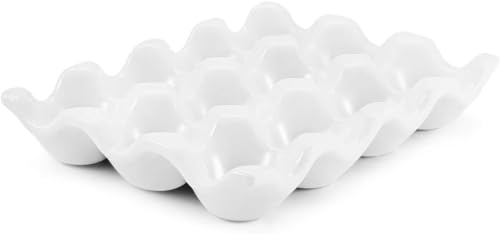KLUFO Bandeja de Cerámica para 12 Tazas de Huevos - Media Docena de Hueveras de Porcelana Organizador de Almacenaje para la Encimera del Frigorífico Utensilios de Cocina (Blanco)