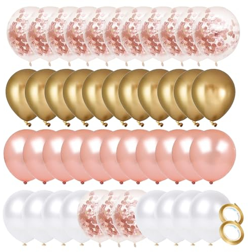 Pricl™ - Ballons Anniversaire Rose Gold, Or, Blanc - 60 Pièces 30cm Baudruche Hélium Confetti Latex pour Filles Femmes Mariage Décoration