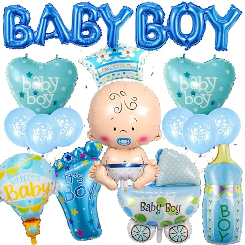 Babyparty Deko Junge Ballon Blau - 16 Stück Babyshowerparty Folienballon Its a Boy Welcome Baby Heißluftballonförmiger für Gender Reveal Neugeborene