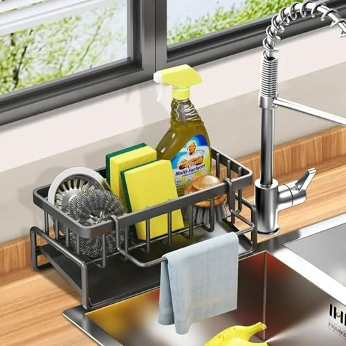 KOTKMSXTSW Organiseur d'évier de Cuisine,Étagère de lavabo,Un Panier De Rangement Pour Éponge Avec Plateau D'égouttement Automatique, Rangement Pour Éponge(Noir)