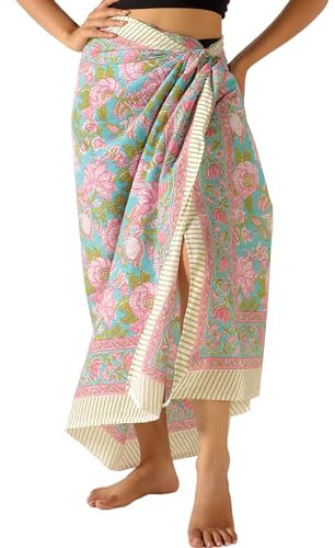 THE ART BOX Paréo 100% Coton pour Femme, imprimé Main Indienne, paréo, Cache-Maillot de Bain Long (185,4 x 109,2 cm), Floral Vert, Taille Unique