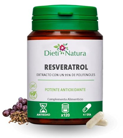 Dieti Natura Trans-Resveratrol 120 Cápsulas de Origen Vegetal - Resveratrol Puro Alta Concentración - Complemento Antioxidante y Antiedad para la Piel y Células - Uvas Rojas con Polifenoles Naturales