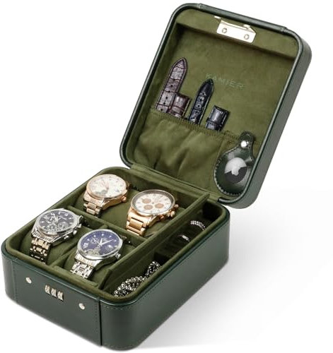 KAMIER Uhrenbox 4, Uhrenbox Herren und Damen, Mechanisches Zahlenschloss, Ringe und Uhrenkasten Herren Aufbewahrung Organizer, PU Leder Reise Watch Case, Geschenkidee (With Gift Box) Grün