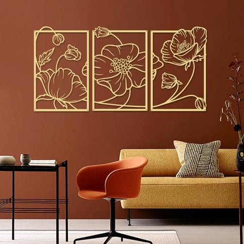 YiYa 3 Piezas Decoración de flores metálicas, Decoración minimalista de metal dorado, Metal decorativo de pared moderno Para el dormitorio de la sala de estar en el hogar