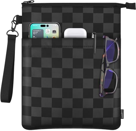 Book Sleeves with Zipper, Travel Book Protector Pouch for Paperbacks & Hardcover Books, Book Covers Bags Carry Case/Front Pocket & Handle Strap for Book Lovers Mother's Day (Black with Block, 1 Pc)