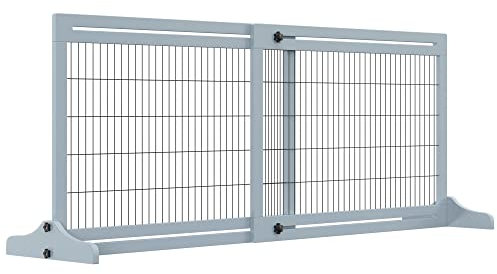 PawHut Barrera de Seguridad para Perros Extensible 104-183x69 cm Barrera para Perros en Casa de Madera para Puerta Escalera Pasillo Azul Grisáceo