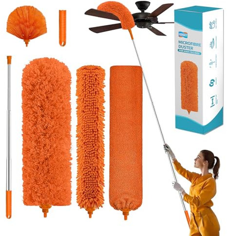Cobweb Duster with Extension Pole,Cleaner Outdoor 110 Telescoping Extended Sspider Brush, Dusting Kit,Long Handle Reach for High Ceilings and Fans,Microfiber Webster Remover Tools Feather Dusters