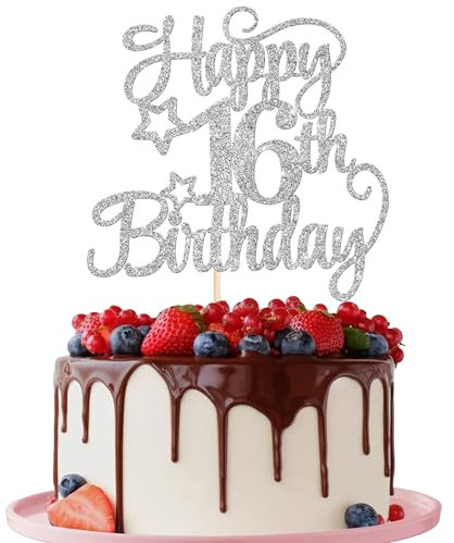 1 Stück Happy 16th Birthday Cake Topper Sechzehn 16 Fabelhaftes Prost auf 16 Jahre Tortendeko mit Glitzer Stern für 16. Geburtstag Jahrestag Party Torte Dekoration Silber