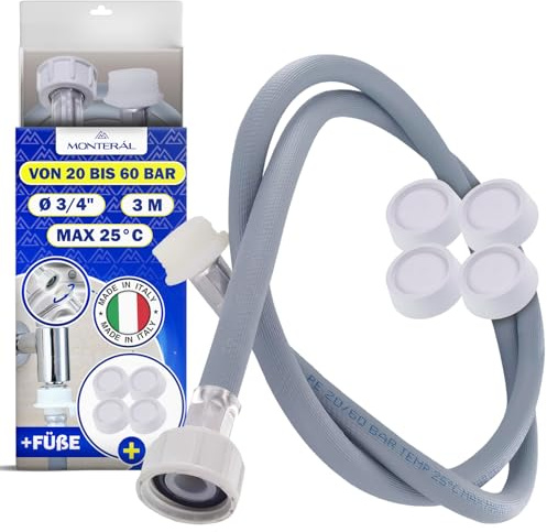 Zulaufschlauch Verlängerung für Waschmaschine 3m Ø3/4 zoll 25°C 20-60 Bar | für Geschirrspüler - Komplett 4 Schwingungsdämpfer Waschmaschine - MADE IN ITALY - MONTERAL