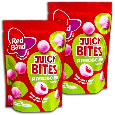 2 er Pack Red Band Juicy Bites Aardbeien 2 x 145g Kaubonbons mit flüssigem Kern und Erdbeergeschmack