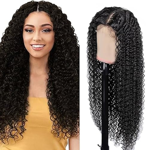 Hxxcoup Human Hair Wig Curly Wave Natural Black Echthaar Perücke für Damen Perücken 5X5 Lace Front Real Hair 100% Unprocessed Brazilian Virgin Hair Glueless Wear and Go for Woman 16 Zoll