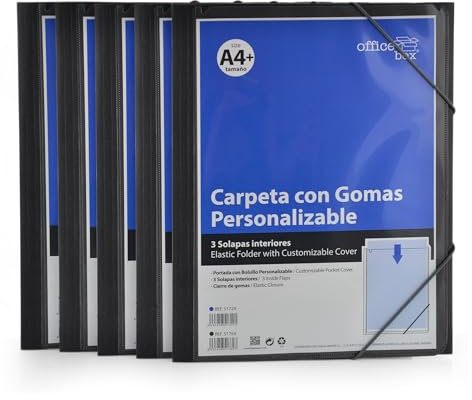 Pack 5 Carpeta de Presentación con Cierre de Gomas y Portada Personalizable - Tamaño A4 Hasta 100 Hojas - Material Opaco Muy Rígido con Gomas Elásticas - 100% Reciclable By Office Box. (Negro)