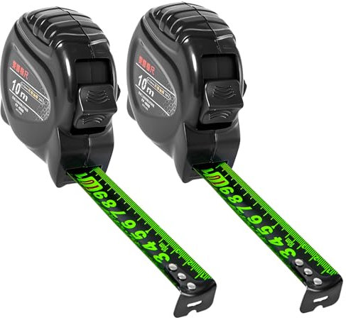 2 Pack Tape Measure 10 Metre, Fluorescent Stainless Steel Retractable Measuring Tape, Self-Locking Double-Sided Metric, Easy-Read Precision for Surveyors & DIY