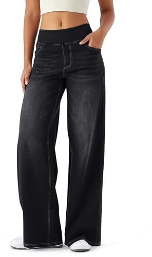 LaiEr Large Denim Wide Leg Pants for Women, High Waisted and Slimming with Multiple Pockets, Straight Tube, Loose fit, Cat Whisker, Marbling wash Craft, High Elasticity Casual Jeans