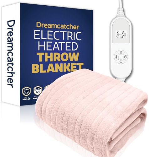 Dreamcatcher Heated Throw Blanket, 9 Heat Settings, 12HR Timer, Pink | Large 180 x 130cm microfleece heated throw with 9 heat settings, 12HR timer, detachable controller and 2m cable.
