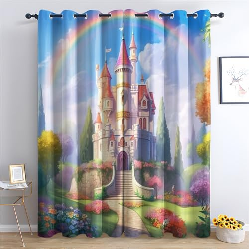 Venivici Schloss Mädchen Vorhänge Wohnzimmer Schlafzimmer - Prinzessin Regenbogen Vorhang 220 cm Lang Blickdicht, Gardinen mit ösen, Verdunklungsvorhänge Kinderzimmer, Thermovorhang 2er Set