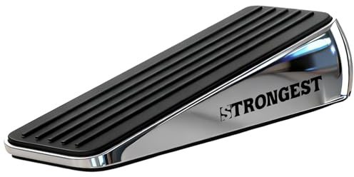Strongest Home Stoppers for Bottom of Door – Heavy Duty Metal Rubber Door Stopper, Non-Slip Door Stop for Heavy Doors, Works on Wood, Tile & Carpet Floors, Wedge Chrome 1 PC + 1 White Wall Protectors