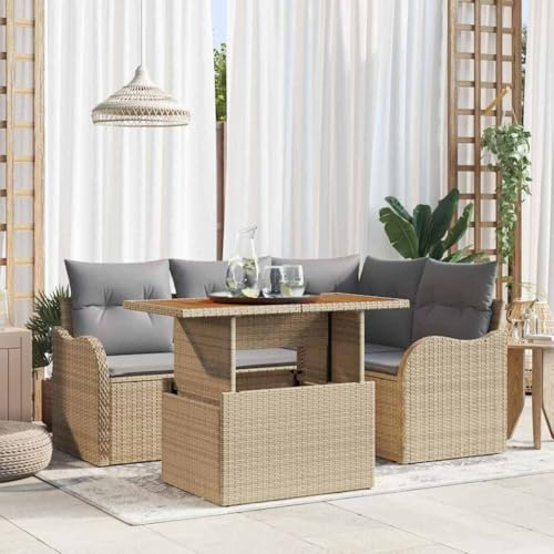 Hoopleep Garten-Sofa-Set 5-teilig, Beige/Hellgrau, Poly-Rattan & Akazienholz, UV-beständig, Modulares Lounge-Möbel für Terrasse, Balkon, Außenbereich, inklusive höhenverstellbarem Tisch