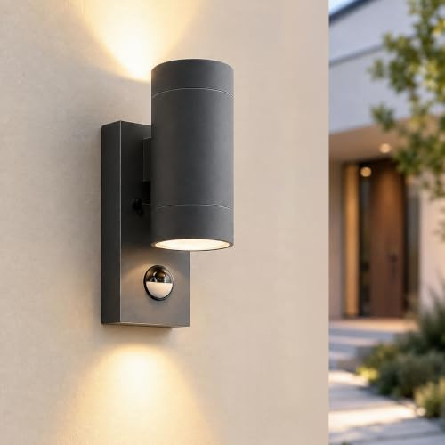 EBION Outdoor Wall Lights with Motion Sensor,Mains Powered,Up&Down,1 Pack | IP65 Waterproof Outside Wall Lights,GU10 Exterior Wall Lamp for Front Door,Porch,Patio,Anthracite,(Bulb Not Included)