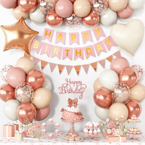 Geburtstagsdeko Mädchen Frauen, Deko Geburtstag Mädchen,Geburtstagsdeko Luftballons Rosa Rosegold Metallic Konfetti Helium Ballons, Happy Birthday Banner für Geburtstag Mädchen Frauen