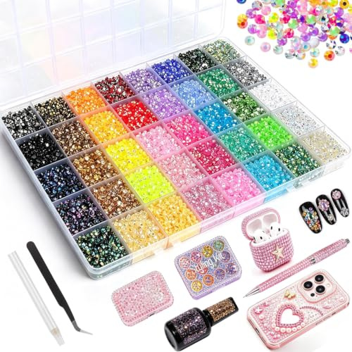 32000PCS Bedazzling Kit Nail Art Rhinestones, 40 Colors Resin Jelly Rhinestones - 3mm Flat Back Nail Gems Crystals with Tweezers and Pen for DIY Crafts Clothing Tumblers Mugs Shoes Fabric