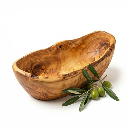 OLIQUE Obstschale aus Olivenholz mit rustikalem Rand - Handgefertigte Holzschale, Naturholz Deko, langlebige Servierschale für Obst, Snacks & Küche (Nicht Personalisiert, 30-34 cm)