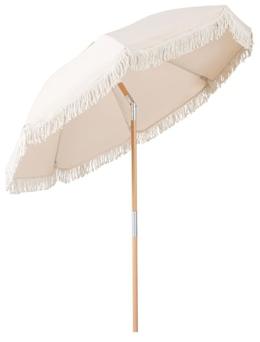 COSTWAY 6FT/6.5FT Beach Parasols with Fringe, UPF50+ Sun Protection Sunshade Shelter with Push Button Tilt, Outdoor Waterproof Tassel Umbrella for Garden Lawn Poolside (White, 6ft)