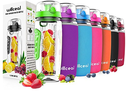 Willceal Botella de agua de infusor de fruta duradera 32 oz – Grande – Sin BPA – Tapa con tapa – Diseño antifugas – Deportes y camping, verde